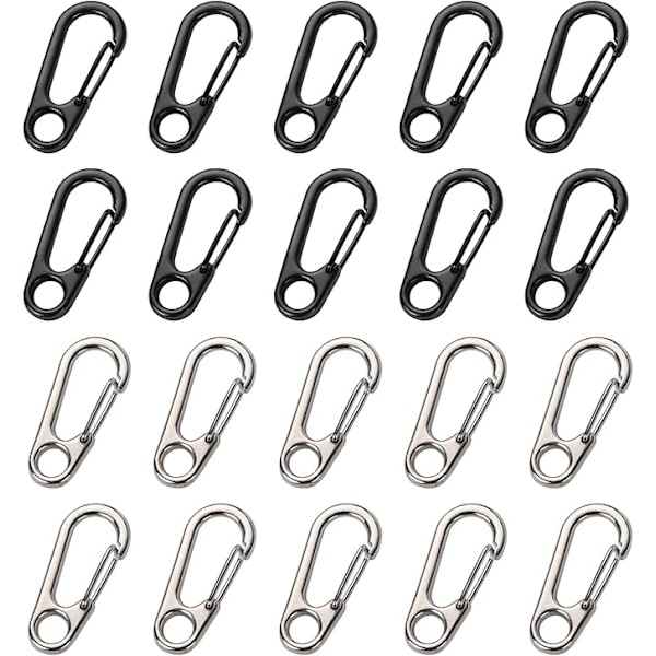 20 nøkkelring, reisekroker, mini-S-formede karabinkroker, aluminiumfjærkroker, karabinkroker med skrulokk (svart, hvit).