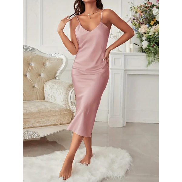 Solid Satin Slip Nattlinne, Elegant V-hals Rygglös Spaghetti Rem Nattklänning, Dam Sovkläder & Klänningar Pink XL