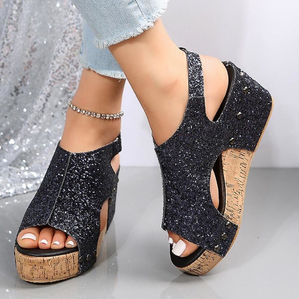 Sandaler Damer Tyk Sål Retro Sandaler Damer Sequin Nitter Velcro Sandaler Black EU 38