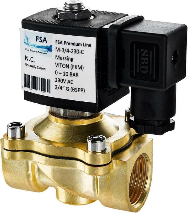 3/4\" messing magnetventil, 230V AC, 0-10 bar, Viton, lukket, ingen strøm