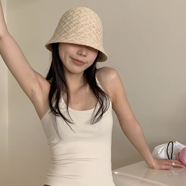 Dame Bucket Hat Mode Strikket Bomuld Hør Cloche Hat Ensfarvet Hæklet Hue Strandhat Strikket Hat Solhat Off white