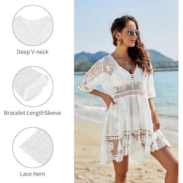 Strandklänning för kvinnor, spets V-ringad baddräkt transparent, strandponcho bikiniöverdrag, elegant sommarklänning för badmode, strandsemester vit
