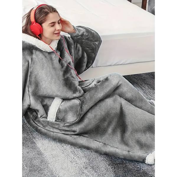 Casual loungewear-morgenkåbe i store størrelser, tyk Sherpa fleece varm ekstra lang oversized bærbar tæppe til damer med lommer (længde: 150 cm) grey