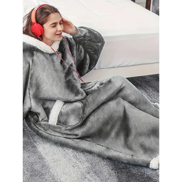 Plus Size Casual Loungewear Robe, Dam Plus Tjockad Sherpa Fleece Varm Extra Lång Oversized Bärbar Filt Med Fickor（längd:150cm） grey