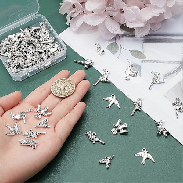 80 st Fågelberlocker 10 Stilar Kolibri 3D Djur Legering Papegoja Emaljhängen för Smyckestillverkning Antik Silver