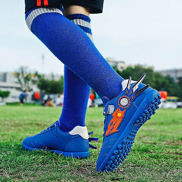 Pojkar Flickor Fotbollsskor Halkfria Fotbollsskor Dobbar Gräs Fotboll Sneakers  y210 Blue EU 39