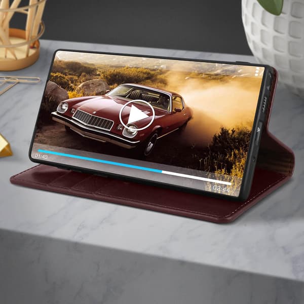 Folio Aitoa Nahkaa Galaxy Note 10 Plus Kotelo Korttipidike Videoteline Punainen Brown