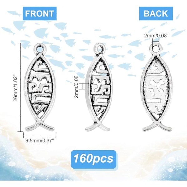 160 st Jesusfisk Charm Antik Silver Tibetanska Hängsmycken Legering Kristna Fisk Hängsmycken Charm Pärlor för Påsk Eid Mubarak Ramadan Armband Halsband K