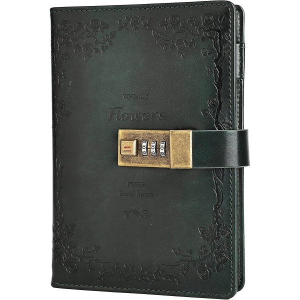 Blomma läderjournal med lås Skrivdagbok Kombination av anteckningsbok Lösenord reglerat påfyllningsbart papper 200 X 140 mm (grön)