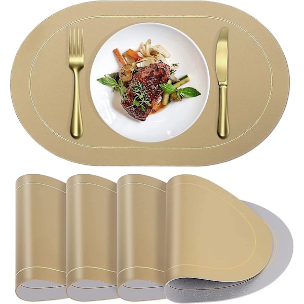 Keinonahkaiset tablettien alustat, 4 kpl - Kaksipuolinen soikea värikuviointi, vedenpitävät pöytätabletit, pestävät, lämmönkestävät, sisä- ja ulkokäyttöön
