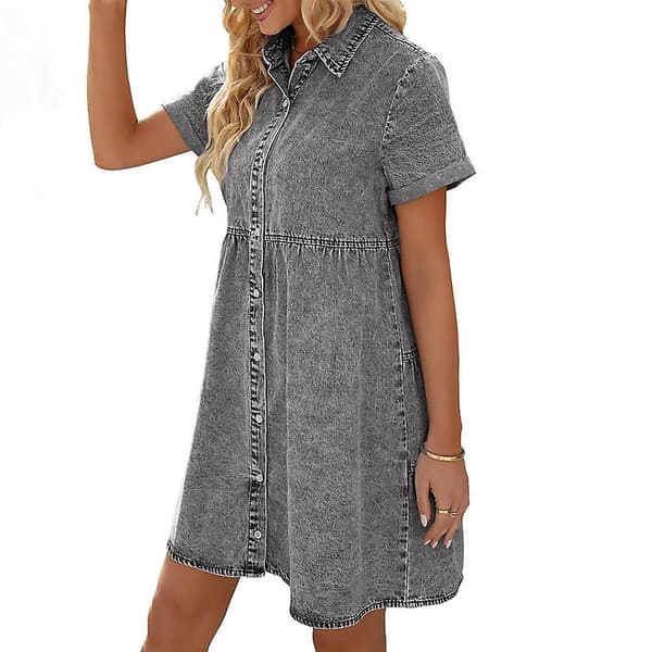 Korte denimkjoler for kvinner med knapper og korte ermer Grey M