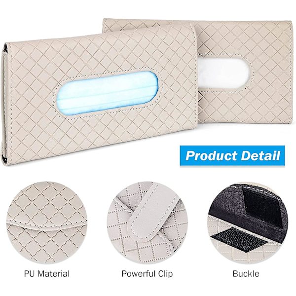 Bil Vævskasse (2 Stykker), Bil Vævsholder Solskærm, PU Læder Bil Maske Dispenser (23x13cm) - Beige
