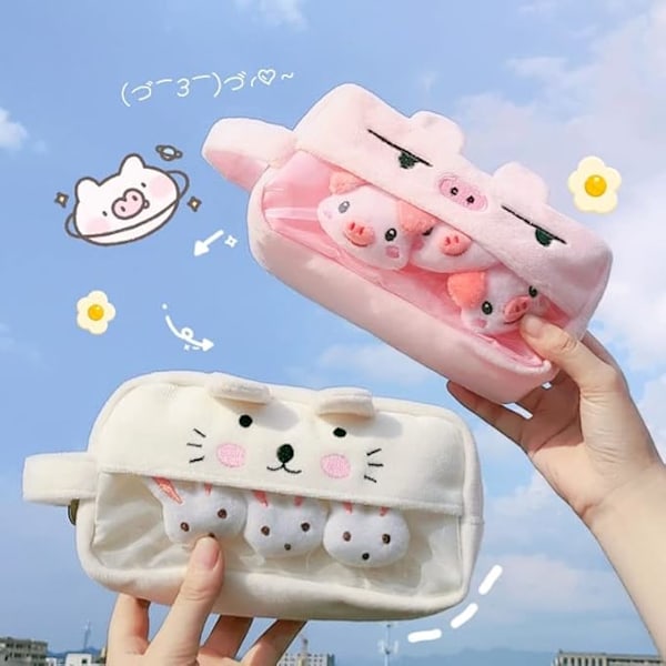 Plys penalhus med fluffy nåle tilbehør stor kapacitet japansk æstetisk fluffy penholder kontortaske pink