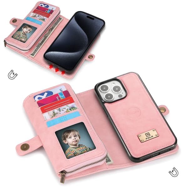 Læderetui med lynlåspung til iPhone 15 Plus Pink