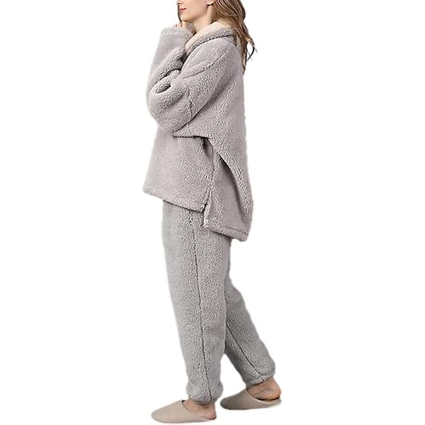 Fleece Pyjamassæt til Kvinder, Blødt Nattøj Varm Sherpa Pullover Bukser Grey L