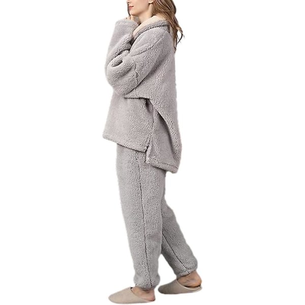 Kvinnors Fleece Pyjamas Set, Fluffy Sleepwear Varm Sherpa Pullover Byxor Grey L