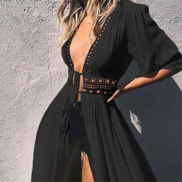 Bikini spetsöverdrag Sömnad Spetsad Lång Sjal Cardigan Mid-length Chiffon L Black