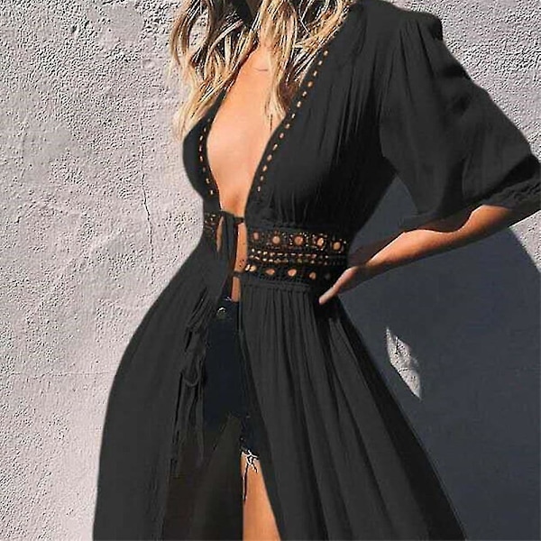 Bikini spetsöverdrag Sömnad Spetsad Lång Sjal Cardigan Mid-length Chiffon S Black