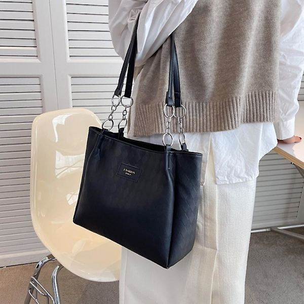 Stor PU læder håndtaske, egnet til pendling til undervisning, joker one-shoulder tote taske black