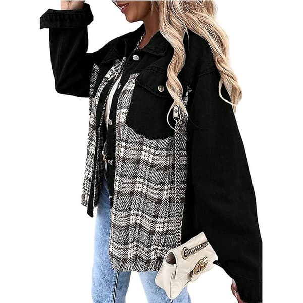 Dame Denimjakker med Knapper, Langærmede Afslappede Skjorter Black L