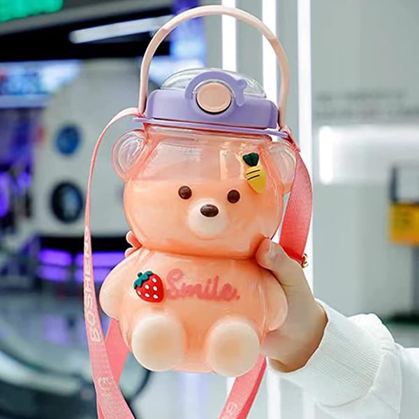 1000ml Stor Kawaii Bjørn Formet Vannflaske Med Sugerør Og Stropp, Søte Vannflasker For Drikkeflaske (rosa)