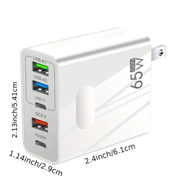 65W PD Multiport Hurtigoplader - PD og 3 USB-porte Adapter hvid