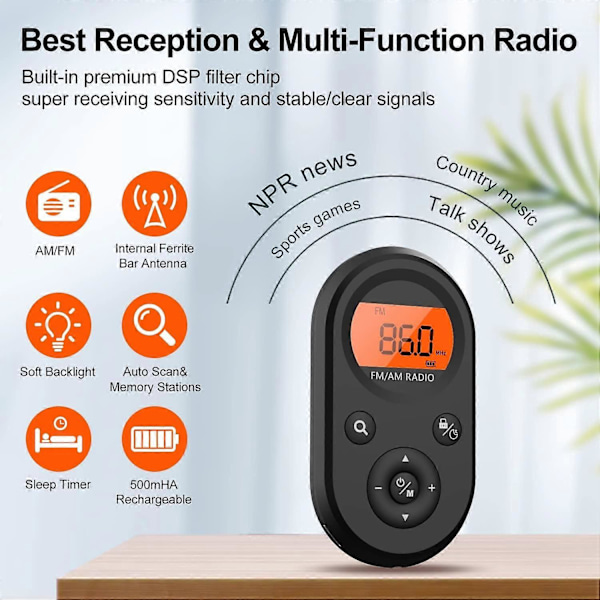 AM FM-radio, personlig bärbar miniradio, uppladdningsbar walkman-radio, stereohörlurar, lämplig för sport, löpning, promenader, jogging.