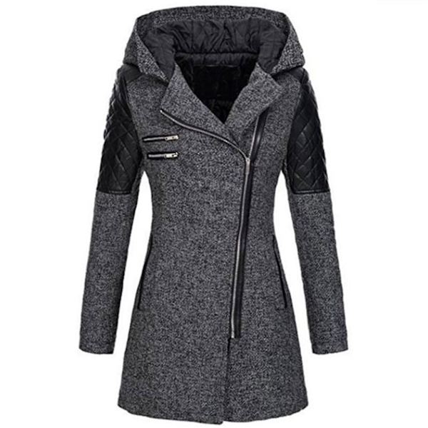 Dame Skrå Glidelås Slim Fit Hettejakker Stilig Varm Vinter Trenchcoat XL Dark Grey