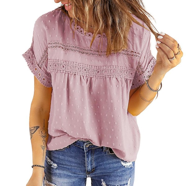 Dame Sommer Toppe Blonde Hæklet Kortærmet Skjorter Casual Bluser Pink 2XL