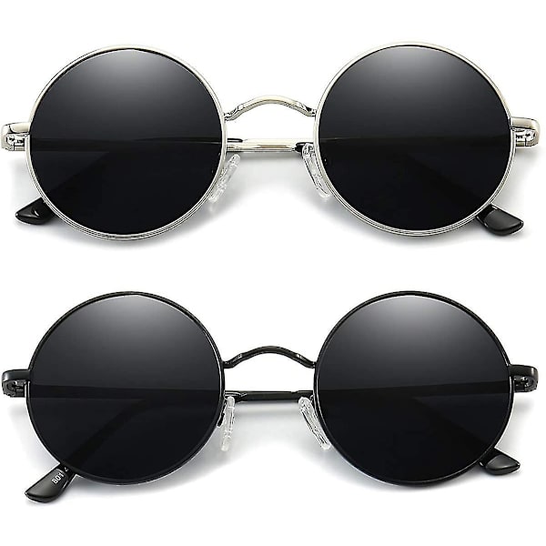 Vintage pyöreät John Lennon polarisoidut aurinkolasit miehille ja naisille, Circle Hippie -aurinkolasit 2 Pack (Black- Silver)