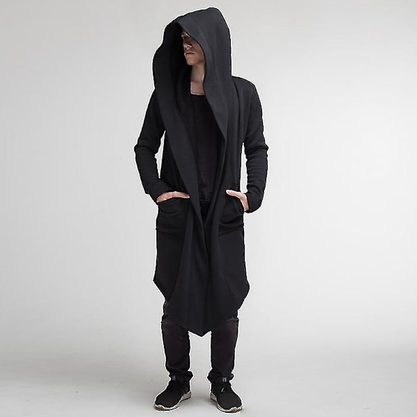 Herr lång draperad huvtröja med två fickor långärmad lös casual långline M Green
