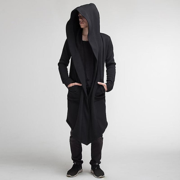 Lang, drapert cardigan med hette for menn, med to lommer, lange ermer, løs og avslappet lang modell L Black