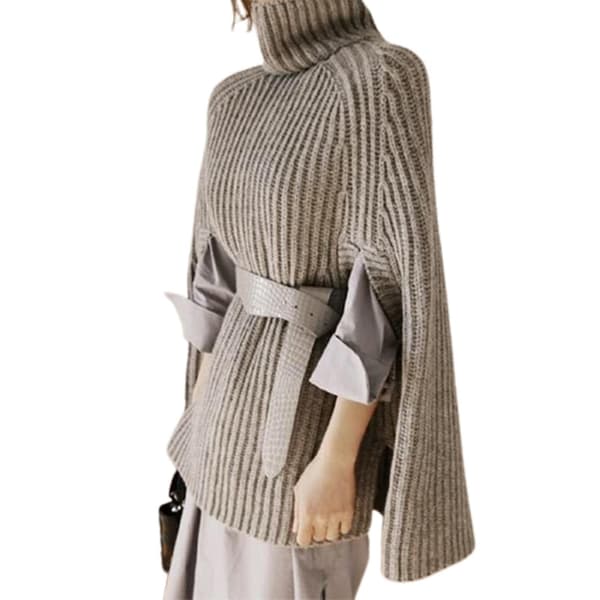 Dame Mode Kappe Toppe Med Høj Krave Basic Daglig Strik Sweater Cape Stil L Gray