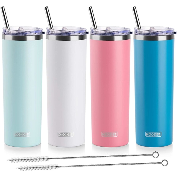 20 Oz Skinny Tumblers i rustfritt stål (4-pakning) Dobbel vegg isolert vann tumbler kopp med sugerør, lokk og børster (babyblå/hvit/rosa/himmelblå)