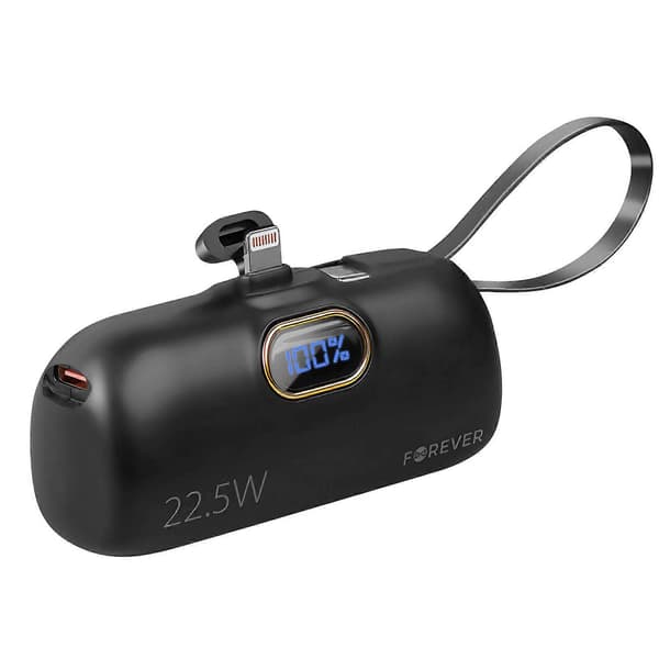 Eksternt batteri 5000mAh Lightning-stik + integreret USB C-kabel, Sort