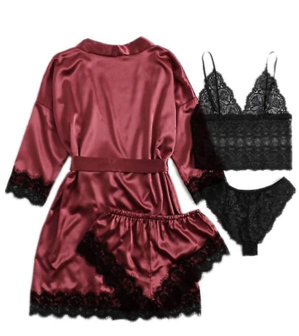 Dame 4-delt Pyjamas Satin Pyjamassæt med Morgenkåbe Red S