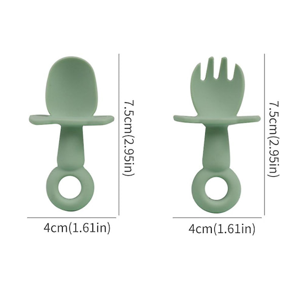 Självbetjäningsbestick, Silikon sked och gaffel set, Anti kvävning lock, Lätt att greppa, Lämplig för spädbarnsavvänjning green