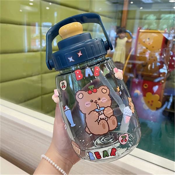 1.3l Kawaii-vesipullo pillillä ja tarralla, kawaii-karhuvesipullo, kawaii-kannettava vesipullo, söpö vesi (sininen)