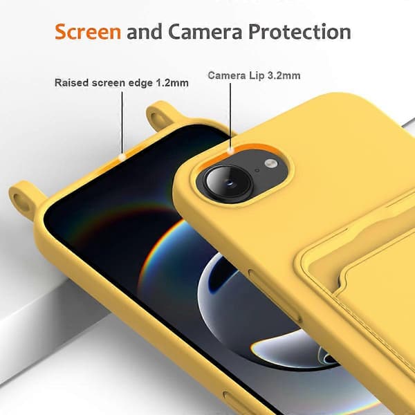 Flydende silikone etui med kortholder og lanyard til iPhone 16e Yellow