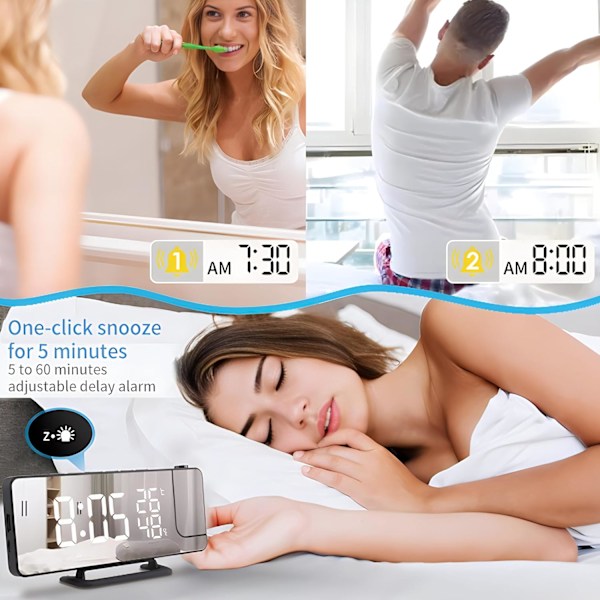 Projektionsväckarklocka med radio, digital spegelklocka med temperatur- och luftfuktighetsdisplay, justerbar ljusstyrka, dubbla alarm, snooze
