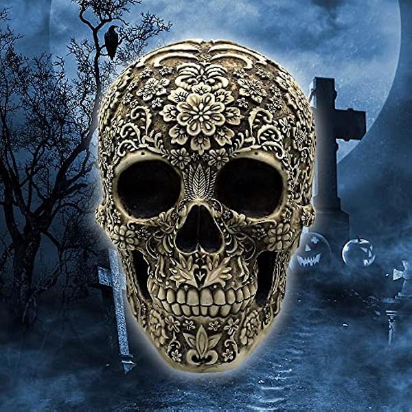 Halloween Pääkallokoriste Ihmisen Pää Luuranko Kukka-veistoksella Halloween-teemajuhliin Kotiin Baareihin Toimistoon