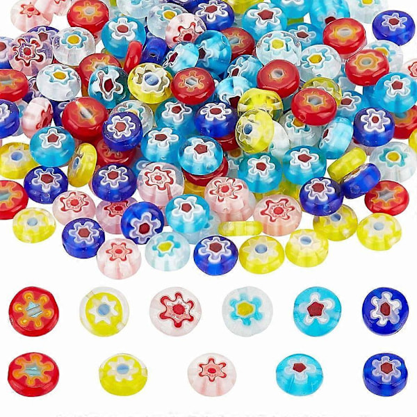 180 stk. 6 farger Millefiori Flate Runde med Blomstermønster Glassperler Tråder 8x4mm