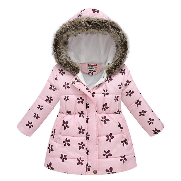 Flickans vinterkappa jacka med huva barn blomma tryck Parka ytterkläder Pink 1 130