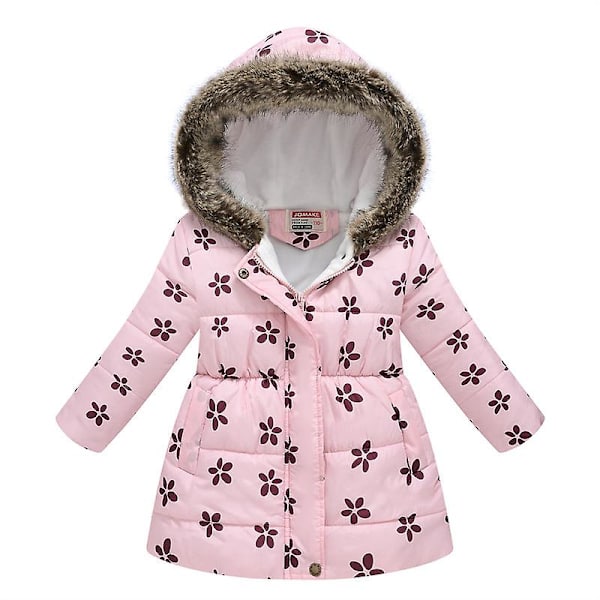 Pigevinterfrakke Jakke Hætte Børn Blomsterprint Parka Overtøj Pink 1 110