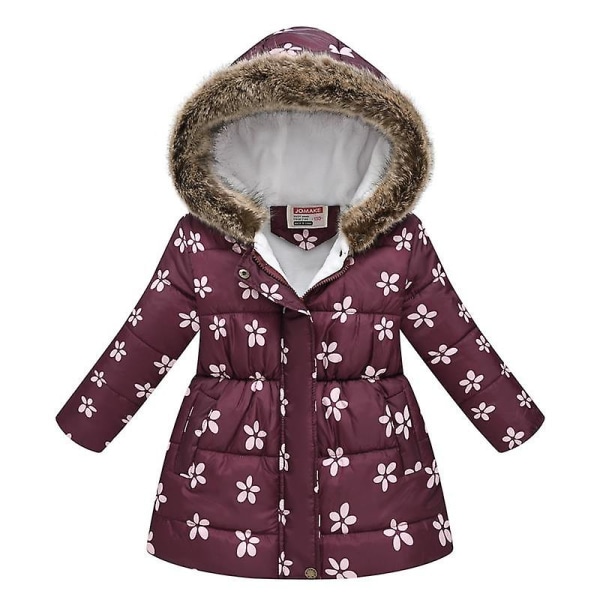 Flickans vinterkappa jacka med huva barn blomma tryck Parka ytterkläder Dark purple 130