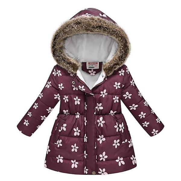 Pigevinterfrakke Jakke Hætte Børn Blomsterprint Parka Overtøj Dark purple 130