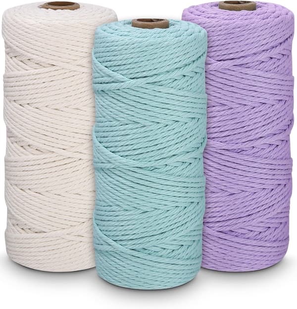 Premium Makramegarnsett, 3 Stykker Bomullsgarn, Bomullssnor Natur 3mmx 100m, Makramesnor for DIY, Drømmefangerdekorasjon Veving, Makrame Ro