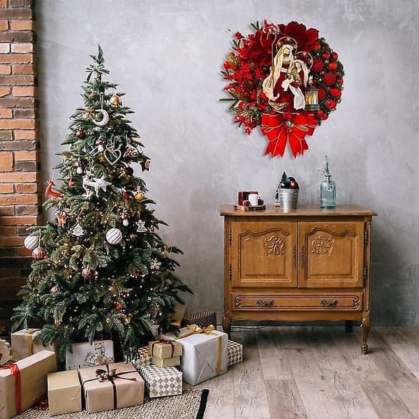 Julekrans med lysende julekrybbe, julepynt dekoration hellig julekrans dekor Style D 40CM