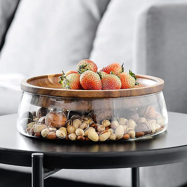 Glasgodis och nötter serveringsbehållare med trälock, rund matförvaringsbricka, snacksbricka bröd tallrikar sallad frukt grönsak stora skålar