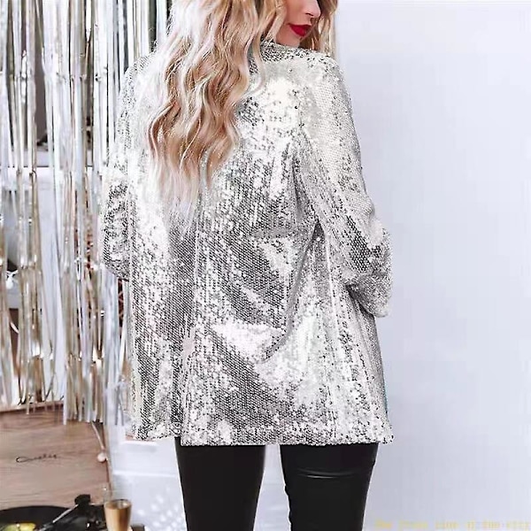 Kvinnors Sequinjacka, Glitter Sparkle Casual Långärmad Blazerrock Silver XL